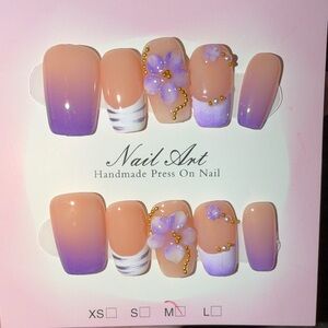 Handmade Press-On Nails — Peach to Purple Ombre with 3D Floral Accents